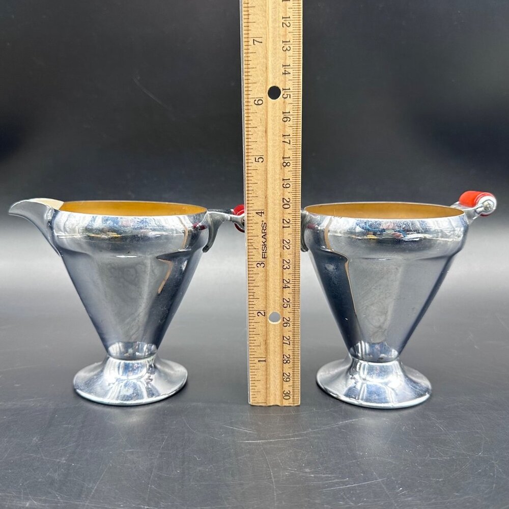 Vintage Creamer Sugar Bowl Art Deco 1930s Chrome Cherry Red Bakelite Handles - Picture 14 of 14